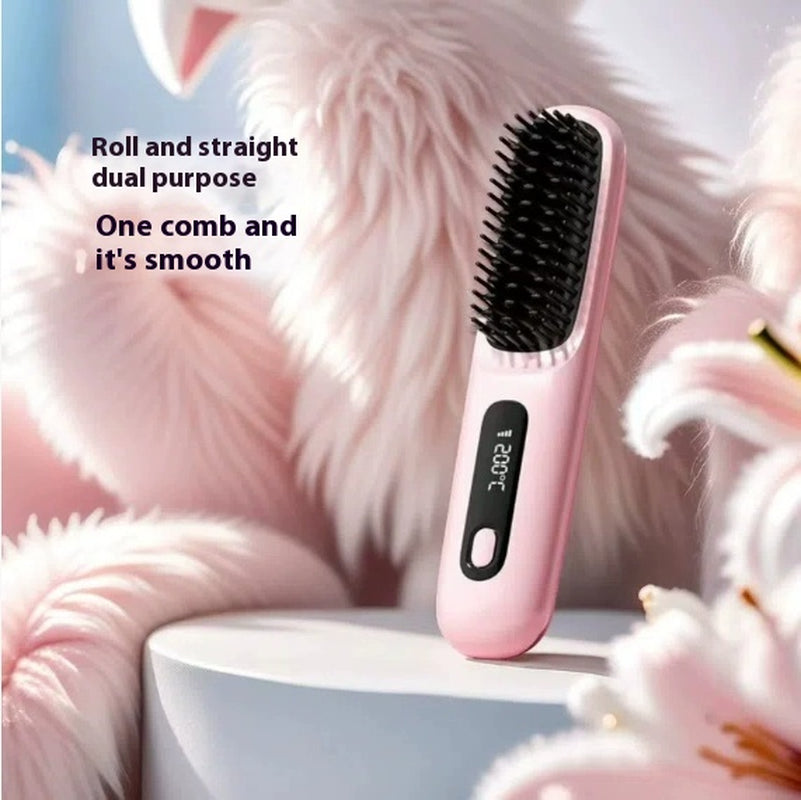 2 in 1 Straight Hair Comb Wireless Hair Straightener Brush Hair Fast Heating Portable Hot Curler USB Charging