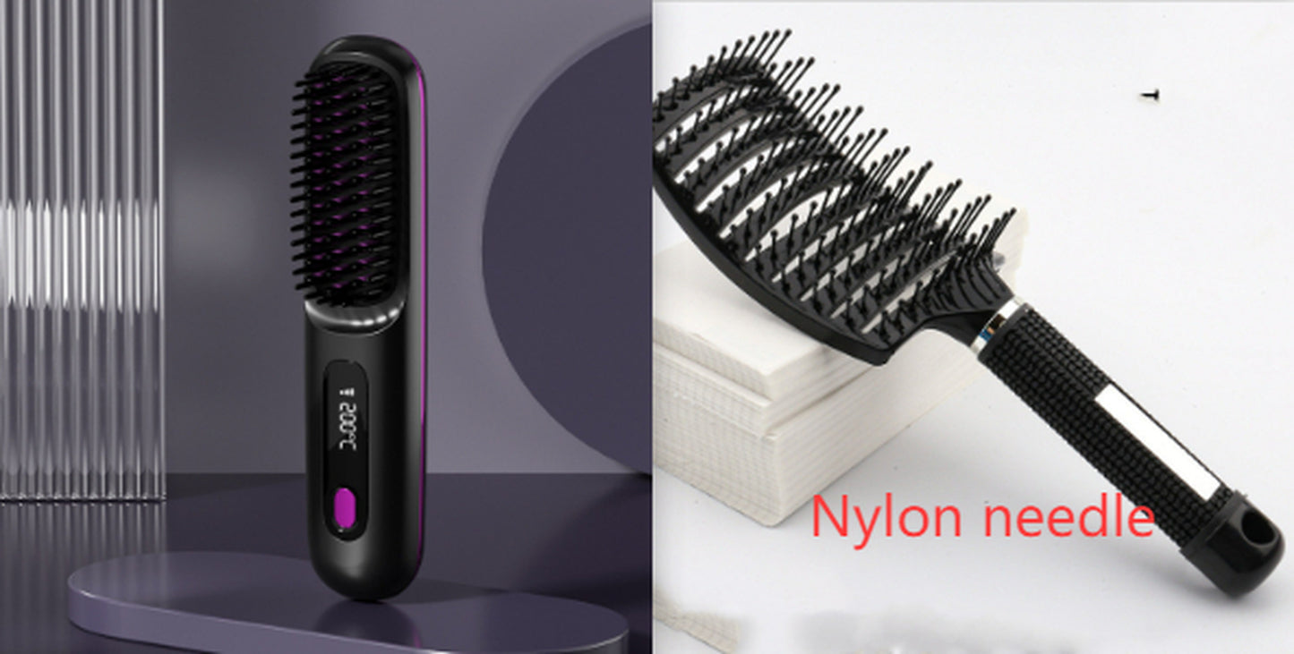 2 in 1 Straight Hair Comb Wireless Hair Straightener Brush Hair Fast Heating Portable Hot Curler USB Charging