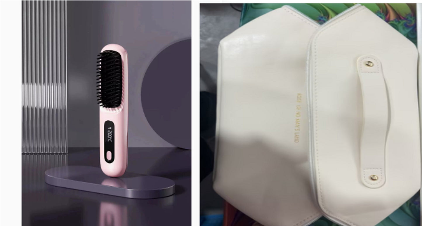 2 in 1 Straight Hair Comb Wireless Hair Straightener Brush Hair Fast Heating Portable Hot Curler USB Charging