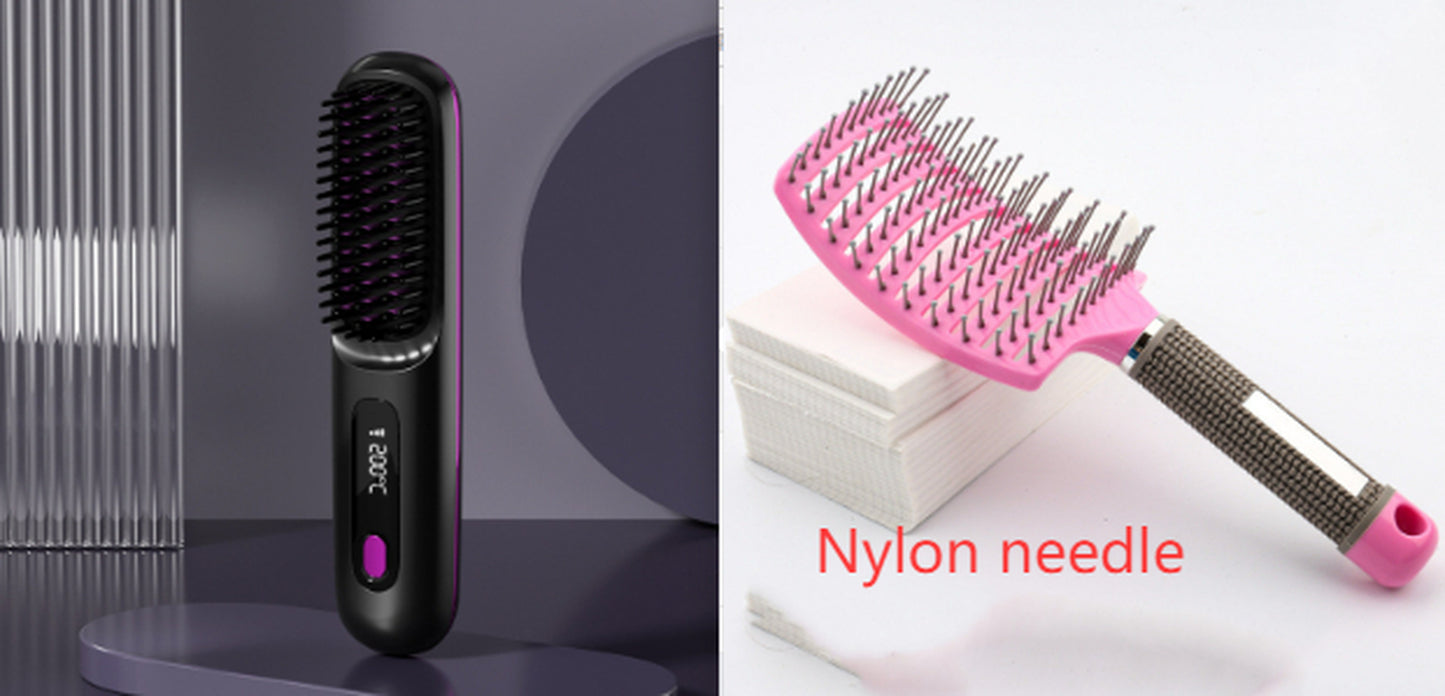 2 in 1 Straight Hair Comb Wireless Hair Straightener Brush Hair Fast Heating Portable Hot Curler USB Charging